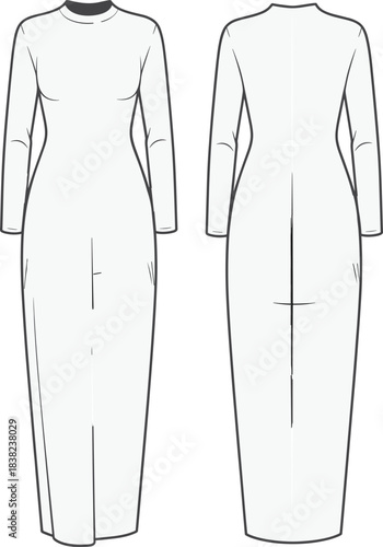 Flat Sketch of Long Sleeve Fitted Maxi Dress with Crew Neckline, Technical Fashion Drawing, Front and Back View Template