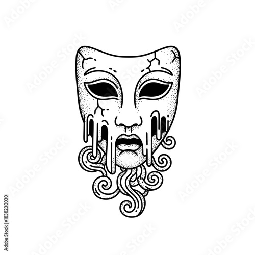 Melting Cracked Dramatic Theater Mask with Swirling Elements.