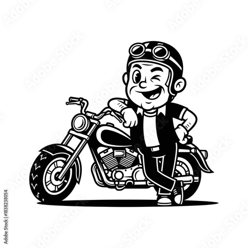 Cartoon Biker Character Posing with Motorcycle.