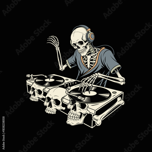 Skeleton DJ Playing Music on Turntables with Skulls.