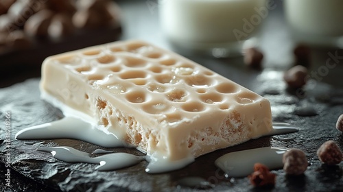 Partially unwrapped Milky bar creamy texture highlighted arranged on a slate board with milk droplets around capturing the fresh and smooth essence of white chocolate