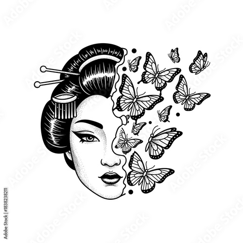 Elegant Geisha Face Transforms into a Swarm of Butterflies.