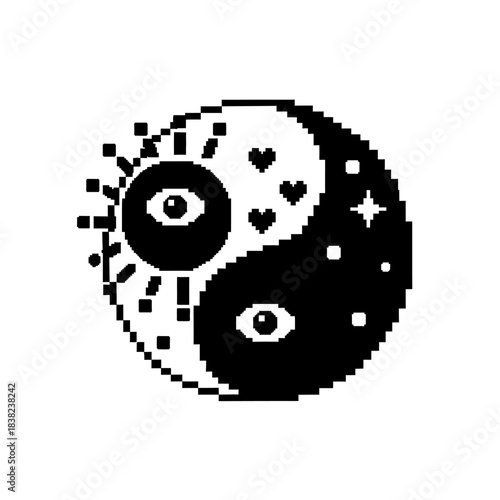 Pixel art Yin Yang symbol vector with sun and moon eyes representing cosmic balance isolated on white background