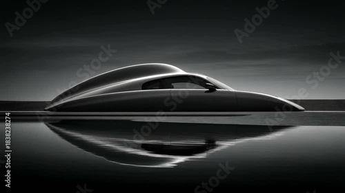 Futuristic Architecture Mirrored in Calm Waters Under a Dramatic Sky Creating a Serene Black and