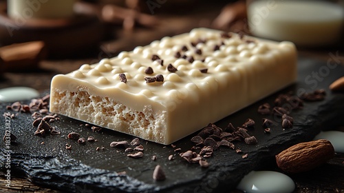 Partially unwrapped Milky bar creamy texture highlighted arranged on a slate board with milk droplets around capturing the fresh and smooth essence of white chocolate