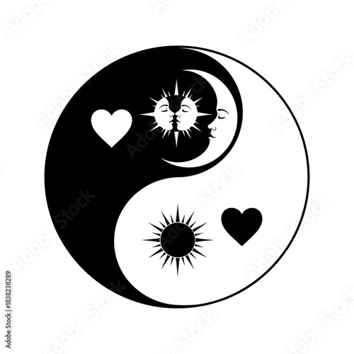Yin Yang symbol vector illustration featuring sun and moon with hearts representing balance and love isolated on white background