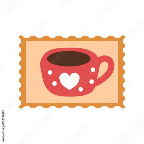 Postage stamp with a red mug. Simple flat illustration.