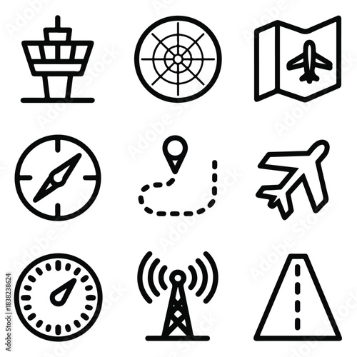 Air Traffic Control & Navigation Icon Set – Line & Glyph Style