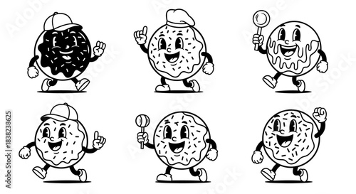 Retro Cartoon Donut Characters Set Fun Food Illustration.