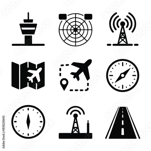 Air Traffic Control & Navigation Icon Set – Line & Glyph Style