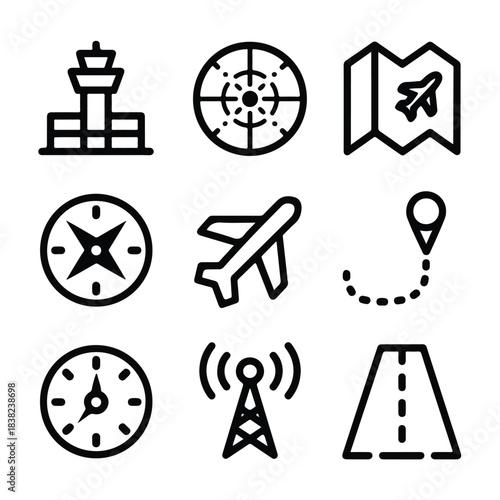 Air Traffic Control & Navigation Icon Set – Line & Glyph Style