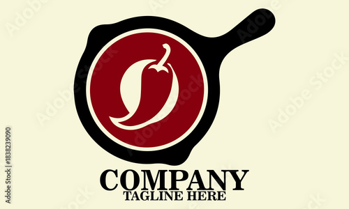Vector illustration skillet with a single curved chili pepper resting inside it, skillet and chili logo design, national fajita day