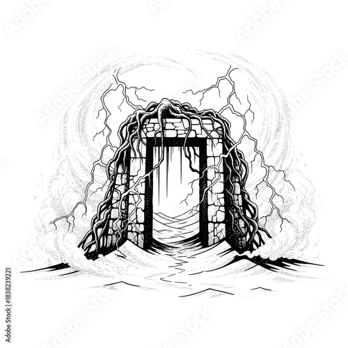 Ancient Stone Archway Overgrown with Twisted Roots and Vines.