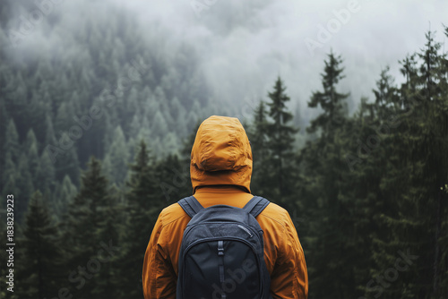 boy in the mountains with raincoat and backpack