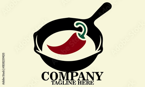 Vector illustration skillet with a single curved chili pepper resting inside it, skillet and chili logo design, national fajita day