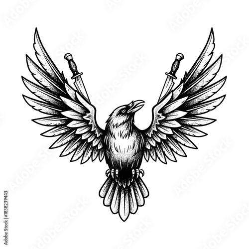 Tattoo design of a fierce raven with swords in its wings.