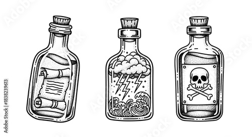 Three Vintage Potion Bottles with Unique Contents.