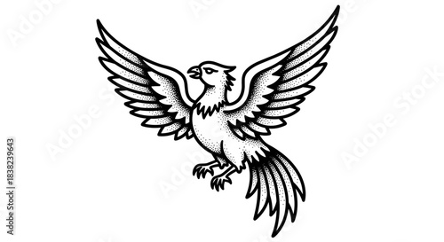 Stylized black and white drawing of a mythical phoenix bird in flight.