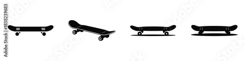 Black Skateboard Vector Icon Set: Street Sport, Extreme Leisure, and Skateboarding Equipment Symbols