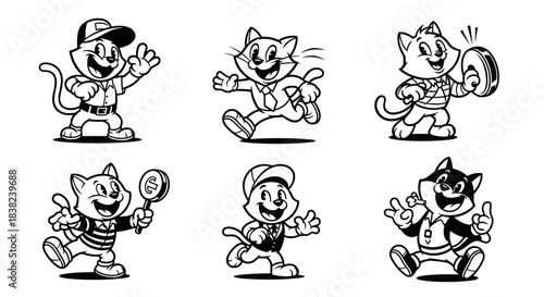 Vintage Cartoon Cat Character Set with Various Poses and Outfits.
