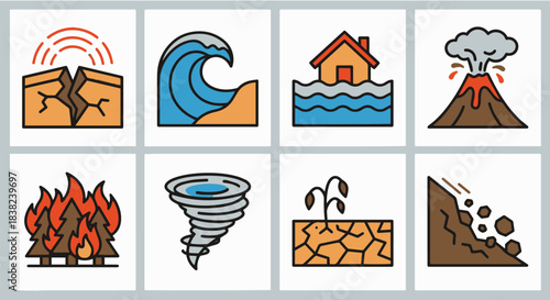 Natural Disaster Warning Icon Set, Includes Earthquake, Land Slide, Flood, Typhoon, Drought, Flood, Volcano, Fire, High Waves