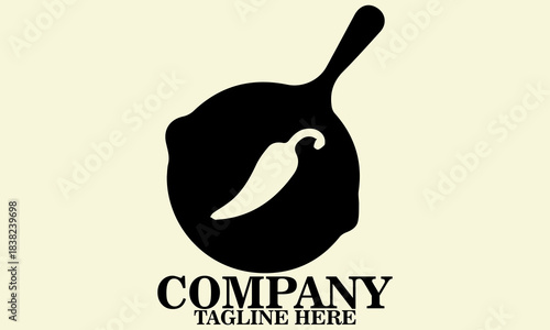 Vector illustration skillet with a single curved chili pepper resting inside it, skillet and chili logo design, national fajita day