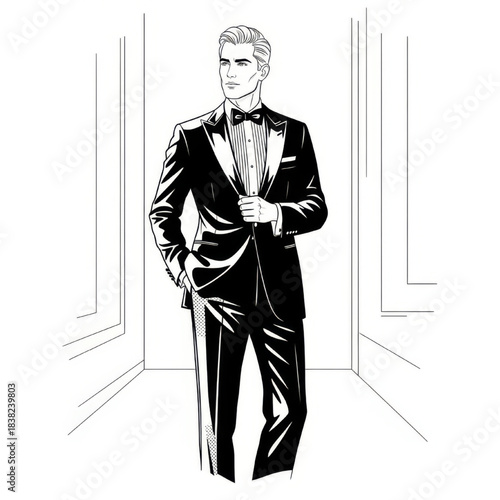 Man in Tuxedo Walking Forward, Elegant Pose, Formal Wear, Hallway Background