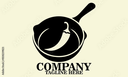 Vector illustration skillet with a single curved chili pepper resting inside it, skillet and chili logo design, national fajita day