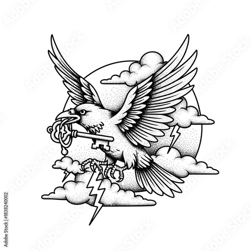 A majestic raven with outstretched wings carries an ornate key in its beak.
