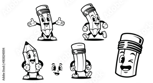 Set of cartoon pencils with faces and arms in various poses.