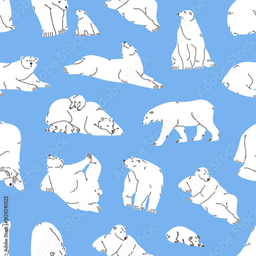 Repeatable pattern of cute polar bears in different poses. Endless blue background with funny north animals: white furry mother with babies relax, sleep, and walk. Flat seamless vector illustration.