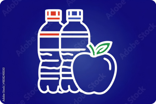 Two Blue and White Water Bottles and a Green Apple, Healthy Hydration and Nutrition, Simple Icon, Blue Background