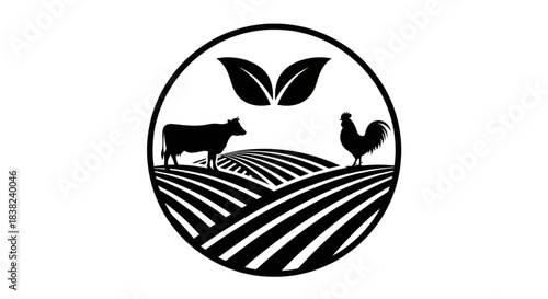 Agricultural Logo Design, Organic Farm Emblem with Cattle, Poultry, and Fields, Sustainable Food Production Icon
