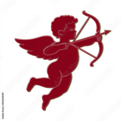 Red Cupid Silhouette with Bow and Arrow, Valentine's Day Symbol, White Background