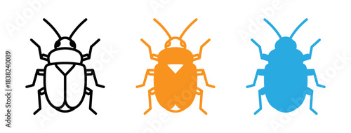 Three stylized beetle illustrations in black orange and blue on a white background