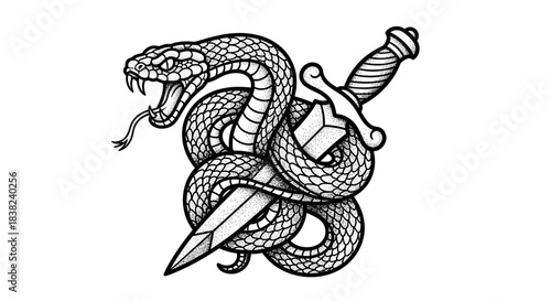 Aggressive Snake Coiled Around a Dagger Symbolizing Danger and Power.