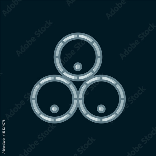 Line Wooden barrels icon isolated on black background. Alcohol barrel, drink container, wooden keg for beer, whiskey, wine. Flat filled outline style with shadow. Vector