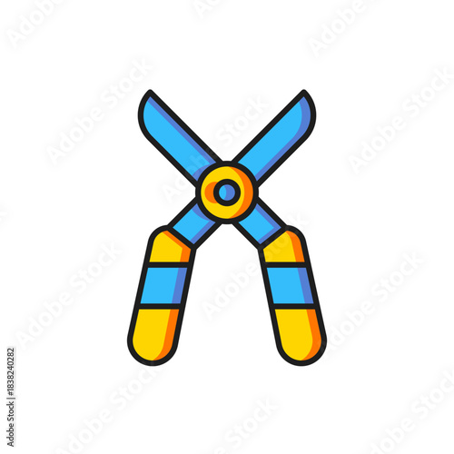 Color Gardening handmade scissors for trimming icon isolated on white background. Pruning shears with wooden handles. Flat filled outline style with shadow. Vector