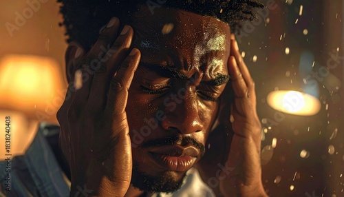 Close-up Of Man In Pain Grimacing With Eyes Closed And Hands On Temples Sweating Heavily Under Dramatic Lighting With Water Droplets Falling In Foreground