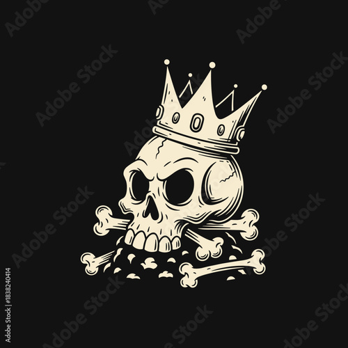 Skull wearing a crown with crossbones illustration.