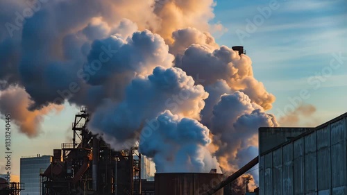 Industrial Factory Emitting Thick Smoke During Sunset with Dramatic Lighting