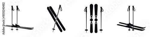 Black Ski and Ski Poles Vector Icon Set: Winter Sport Equipment Symbol for Slopes, Resorts, and Design