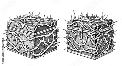 Two Detailed Illustrations of a Crown of Thorns Box.