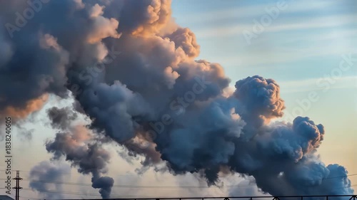 Dramatic Smoke Clouds Rising from Industrial Area During Sunset