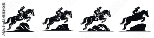 Black Silhouette of Female Horseback Rider Jumping: Equestrian Sport, Horse Show Jumping, and Rider Vector Graphic