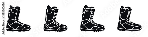Black Snowboard Boots Vector Icon Set: Winter Sport Footwear, Riding Gear, and Cold Weather Equipment Symbol
