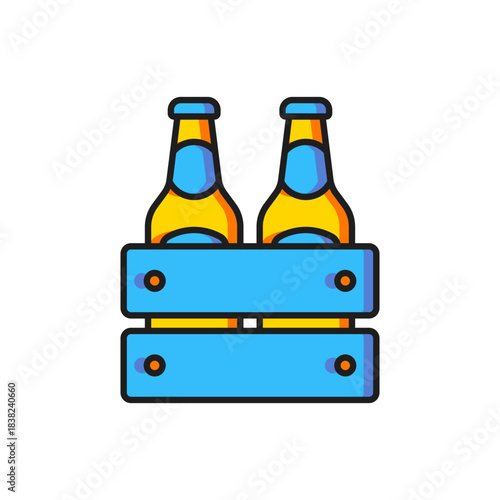 Color Pack of beer bottles icon isolated on white background. Wooden box and beer bottles. Case crate beer box sign. Flat filled outline style with shadow. Vector