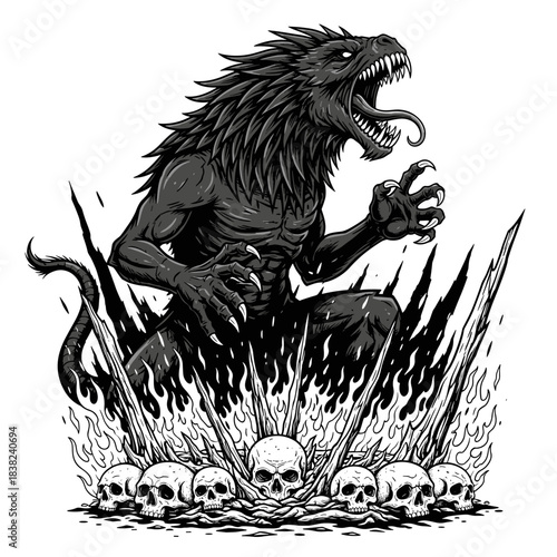 Fierce Monster Emerging from Flames with Skulls.