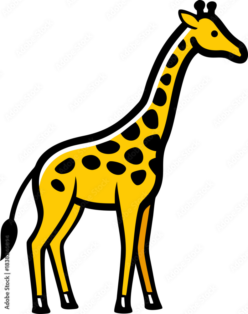 Obraz premium A cheerful yellow giraffe with distinctive black spots and a long elegant neck stands upright in a playful cartoon vector illustration 