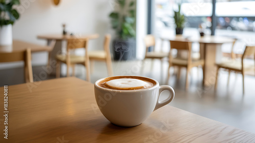 Wallpaper Mural Steaming hot coffee cup with frothy foam on wooden table in modern cafe Torontodigital.ca